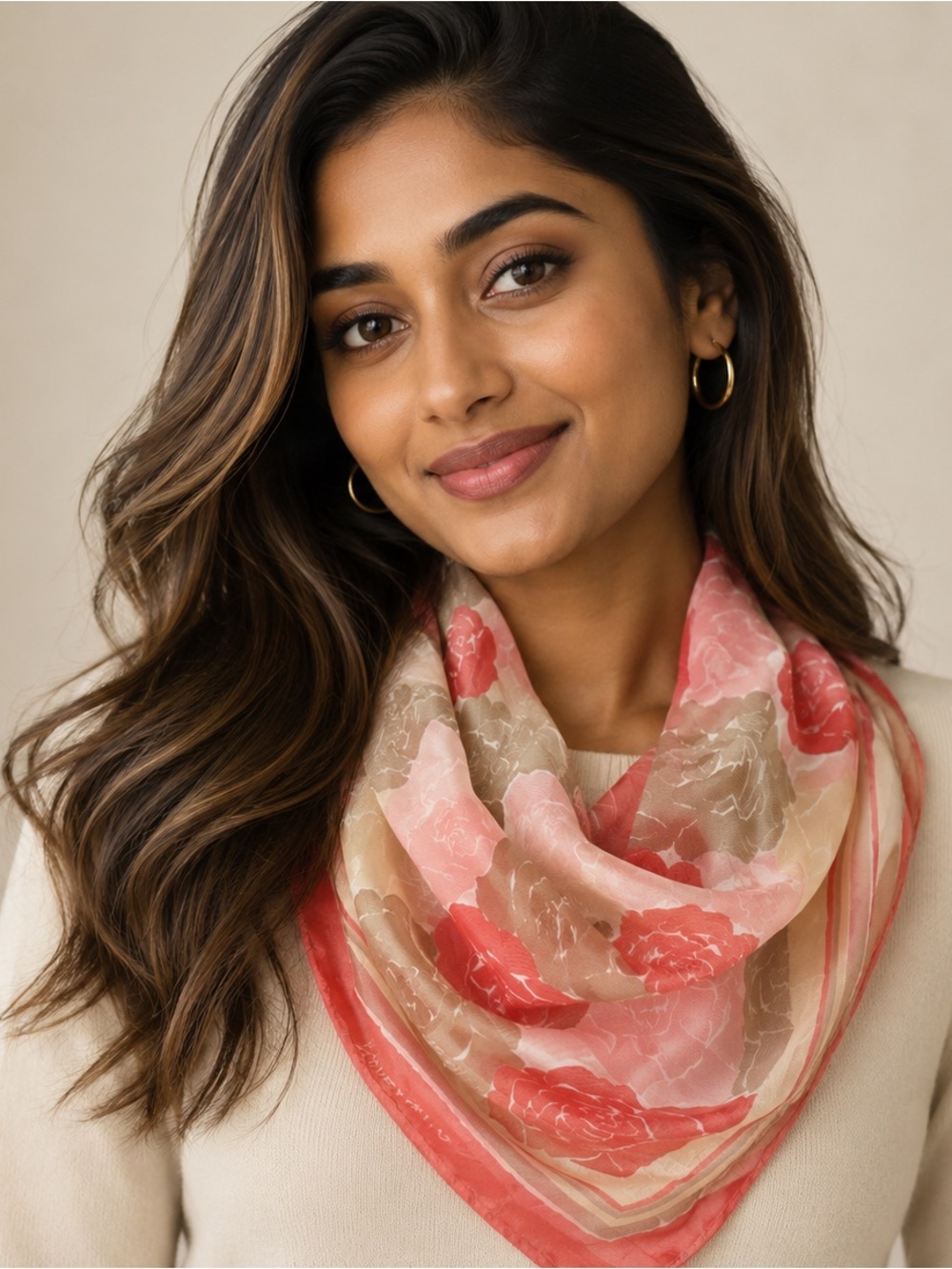 GIVENCHY Beautiful Rose, Pink and Beige Rose Flower Pattern 100% Silk Scarf